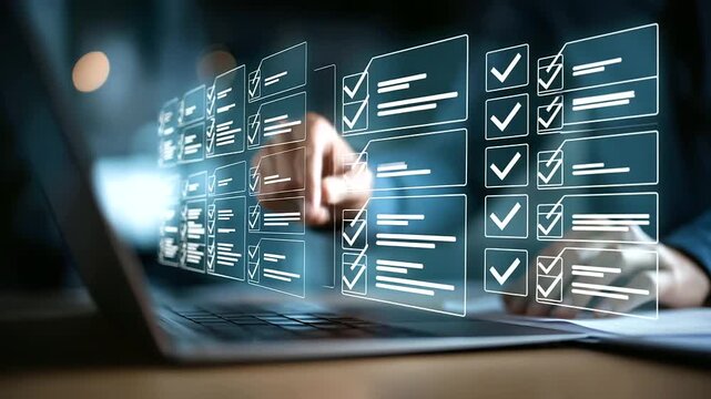 Business hand checking digital checklist on virtual screen task management visualization project planning interface productivity dashboard technology workflow system