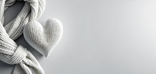 white knitted heart and scarf, cozy warm background, banner concept of love, comfort, gifts