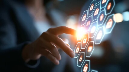 Business hand on AI technology interface with secure data visualization smart automation platform cybersecurity intelligence innovation management system digital transformation - Powered by Adobe