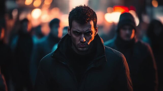 Lonely Man Walking Through City Crowd at Night