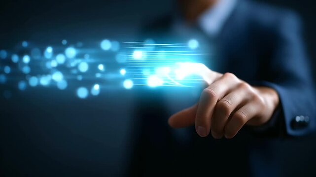 Business hand on AI chatbot with speech interface generative AI visualization virtual assistant dashboard automated conversation platform smart communication system text inter