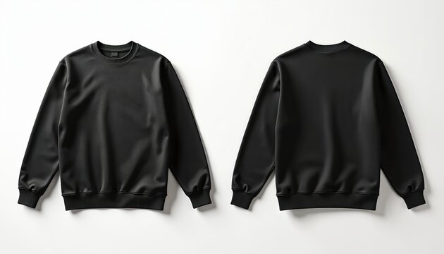 Black sweatshirt front and back view on white background. Plain pullover garment, suitable for custom print or design mockup. Crew neck, long sleeves, ribbed cuffs and hem.
