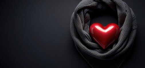 red heart nestled in grey scarf on dark background with copyspace, concept of valentines day, healthcare