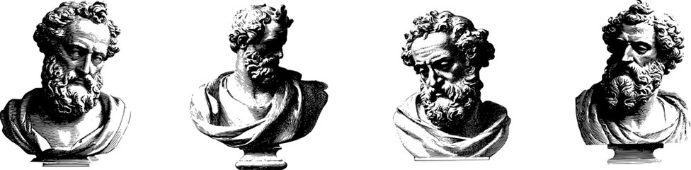 Ancient Philosopher Busts, greek statue,  Set of 4 vector Vintage Engravings antique illustration
