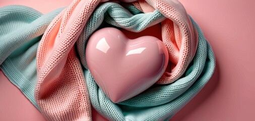 pink heart in soft knitted scarf on pink, concept of love, romance, banner, copyspace