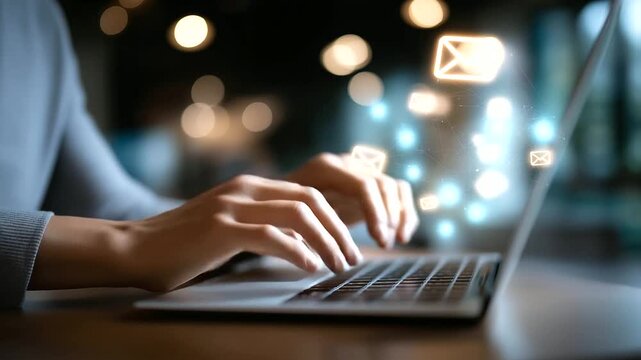 Business hand typing on laptop with email icon overlay digital communication visualization online marketing interface email campaign dashboard corporate messaging platform mod