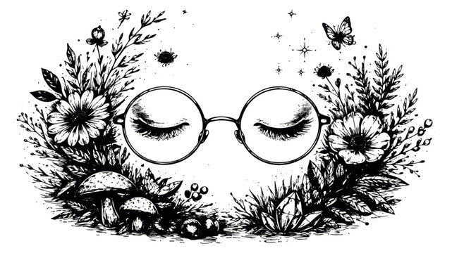 Hand drawn line art illustration of round glasses depicting closed eyes framed by nature for bohemian designs