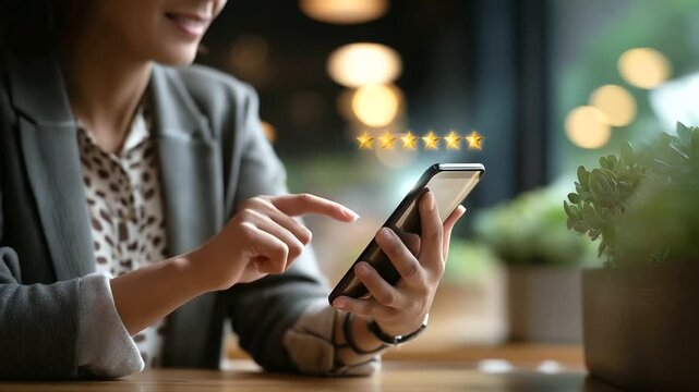 Customer providing star rating feedback on mobile device satisfaction survey interface service quality review system client experience evaluation reputation management platform