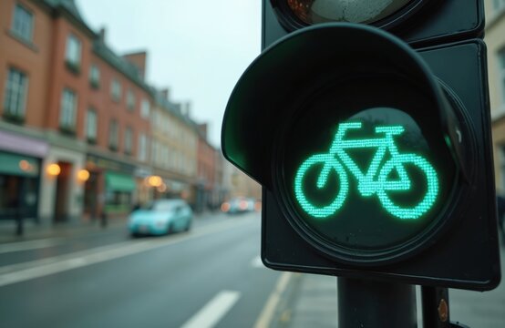 Green bicycle traffic signal shows go ahead for cycling urban commuters on city street. Cyclists ride safely through intersection. Road bike transport moves past blurred cars.
