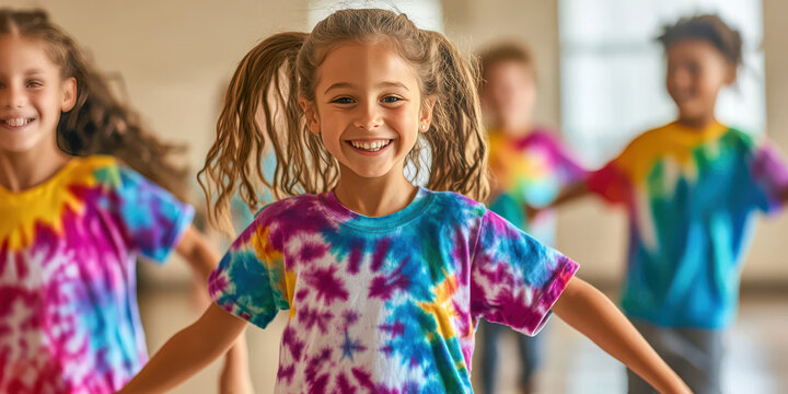 Happy children running and playing together outdoors wearing colorful tie dye shirts, joyful childhood activity capturing freedom, energy and active lifestyle moment
