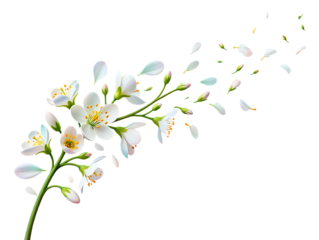 Delicate white cherry blossom flowers with green leaves isolated on transparent background