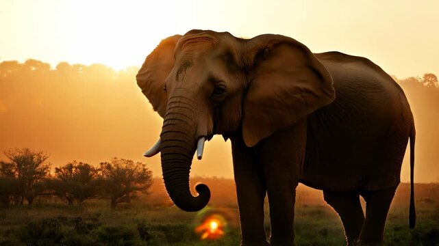 An elephant stands prominently in the foreground, showcasing its large form against a sunset background. The elephant is surrounded by muted grassland and distant trees.
