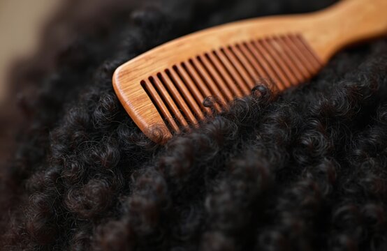 Wooden afro comb styles thick dark curly hair closeup. Natural hair care and beauty routine. Healthy hair grooming process for afro-textured locks.