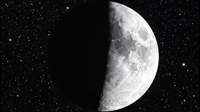 First quarter Moon phase against a dark, star-filled night sky, showing craters and lunar surface details with clear light and shadow contrast.