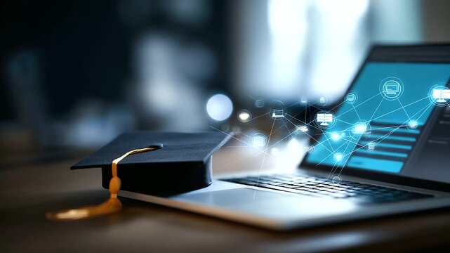 Online education concept with graduation cap and knowledge icons e learning platform interface digital training system virtual classroom visualization educational technology