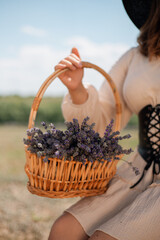 Woman holds basket of lavender flowers while sitting in a field during sunny afternoon hours