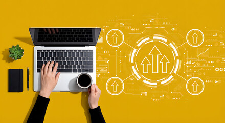 Title overhead view of person working on laptop with growth arrows and data charts for business success marketing strategy financial progress and digital transformation on yellow background