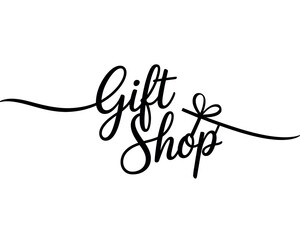 A stylized logo for a gift shop with elegant cursive script and a decorative ribbon