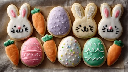 Easter sugar cookies shaped like bunnies and eggs decorated with icing on parchment paper ready for celebration