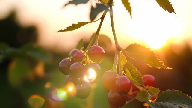 A cluster of vibrant cherries hangs from the branch, illuminated by the warm glow of the setting sun. These cherries glisten in the light, showcasing their rich red color against the green leaves.