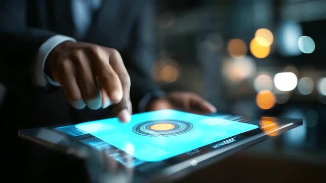 Professional using digital quality verification system on virtual screen ISO certification interface compliance management dashboard document validation process audit trail vis