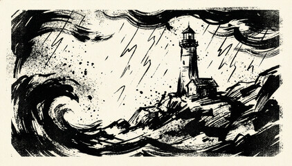 Fototapeta premium Dramatic black ink illustration of a lighthouse in a stormy sea with crashing waves