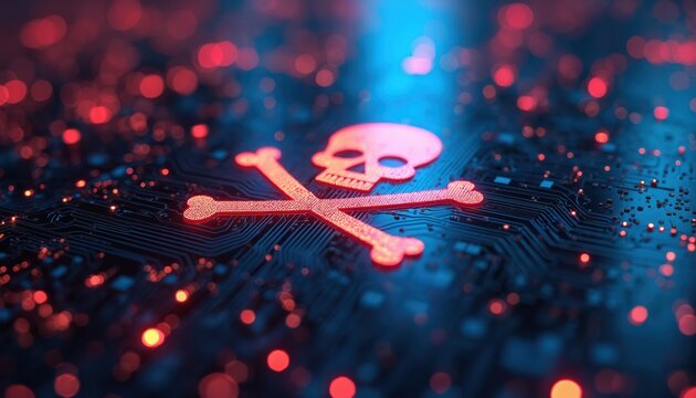 Digital skull and crossbones icon glows on circuit board. Red lights illuminate cyber threat, data breach, online danger. Computer network security risk concept.