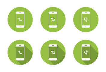 Phone call icon set on smartphone screen. Incoming call and ringing status symbol with long shadow