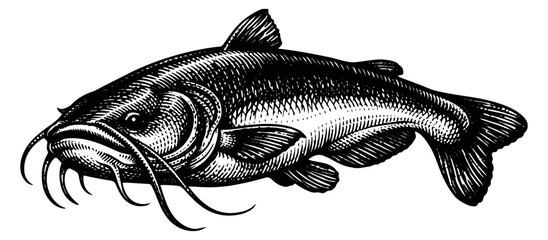 Engraving style illustration of a catfish depicting it swimming in profile for fishing and seafood themes