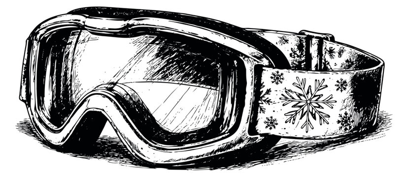 Hand drawn line art illustration of a ski goggle depicting a strap with snowflakes for winter sports
