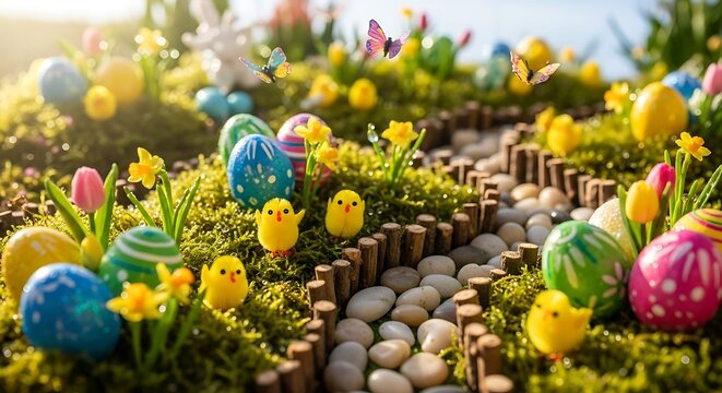 Enchanted Easter meadow with painted eggs, chicks, and butterfly figurines