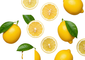 A vibrant collection of ripe yellow lemons, including whole, halved, and sliced, with green leaves, against a seamless transparent background, flat lay, concept of fresh culinary ingredients