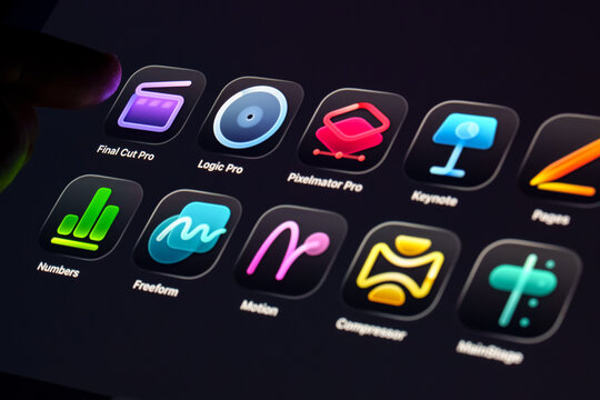 Apple Creator Studio subscription apps on iPad screen as finger selects creative tools including Final Cut Pro, Logic Pro and Keynote. Stafford, United Kingdom, January 13, 2026,