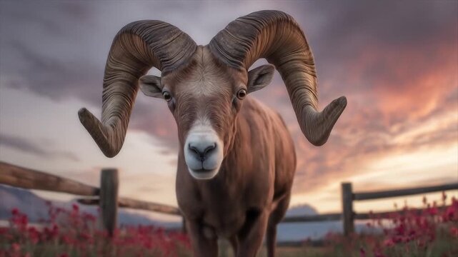 Majestic ram portrait against a sunset sky with floral foreground