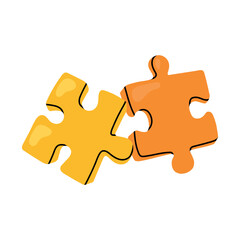 Two connected jigsaw puzzle pieces in yellow and orange colours. Simple cartoon vector illustration symbolising connection, teamwork, problem solving and partnership, isolated on white background.