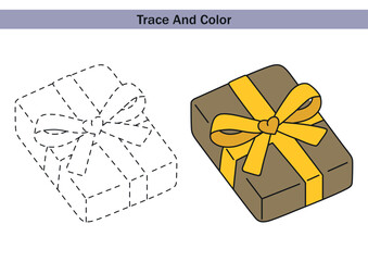 Trace and colour worksheet with a gift box and ribbon. Educational vector illustration for kids to practise fine motor skills, drawing and colouring. Preschool activity page.