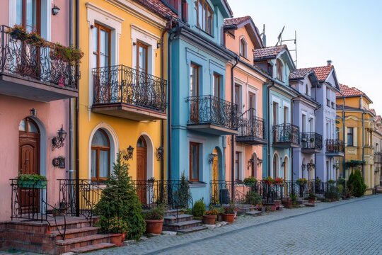 Colorful old european townhouses lining cobblestone street - Powered by Adobe
