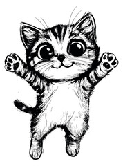 Obraz premium Hand drawn line art illustration of a cute kitten depicting a playful welcoming gesture for animal themed content