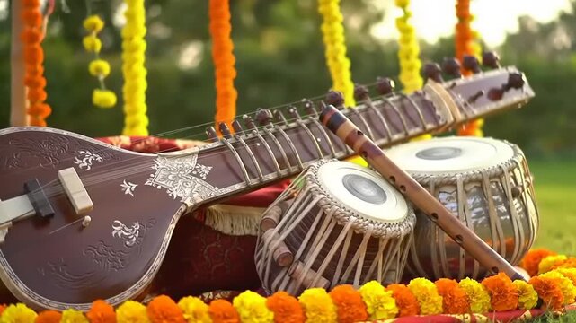 Indian Sitar with Tabla  Flute on Decorated Stage.
