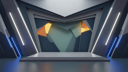 Modern Abstract Stage with Geometric Shapes and Dynamic Neon Lights