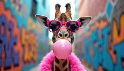 Obraz premium Giraffe wears pink fur coat and sunglasses blowing pink bubblegum bubble in colorful graffiti alley. Animal has fun, cool attitude, fashion style, playful, whimsical mood.
