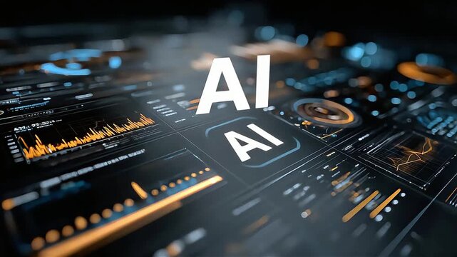 A digital interface with the text AI prominently displayed, surrounded by graphs and analytics, emphasizing its use in data visualization.