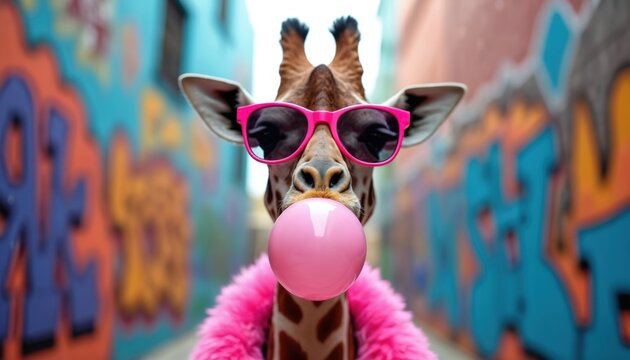 Giraffe wears pink fur coat and sunglasses blowing pink bubblegum bubble in colorful graffiti alley. Animal has fun, cool attitude, fashion style, playful, whimsical mood.