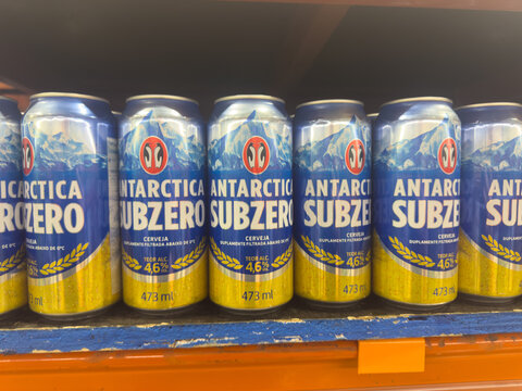 BELO HORIZONTE, MG/BRAZIL, JANUARY, 06, 2026: A shelf of cold beer cans in a store or market
