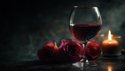 Deep red wine rests beside crimson roses illuminated by warm candlelight in a dark setting