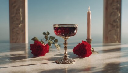 Ornate goblet filled with dark liquid sits on a marble surface between red roses and a lit candle