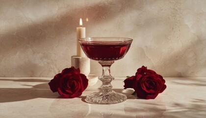 Elegant still life composition features a beverage, burning candle, and deep red roses on a marble surface.
