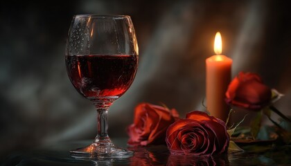 Glass of deep red beverage rests beside burning candle and dark blossoms