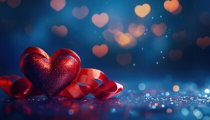 Glittering ruby heart shape entwined with a satin ribbon rests upon a sparkling surface with bokeh background