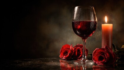 Deep crimson beverage and blooming flowers illuminate a dark, moody setting